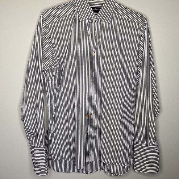 Men’s David Donahue Men 15.5 size black stripe button up - Picture 1 of 6